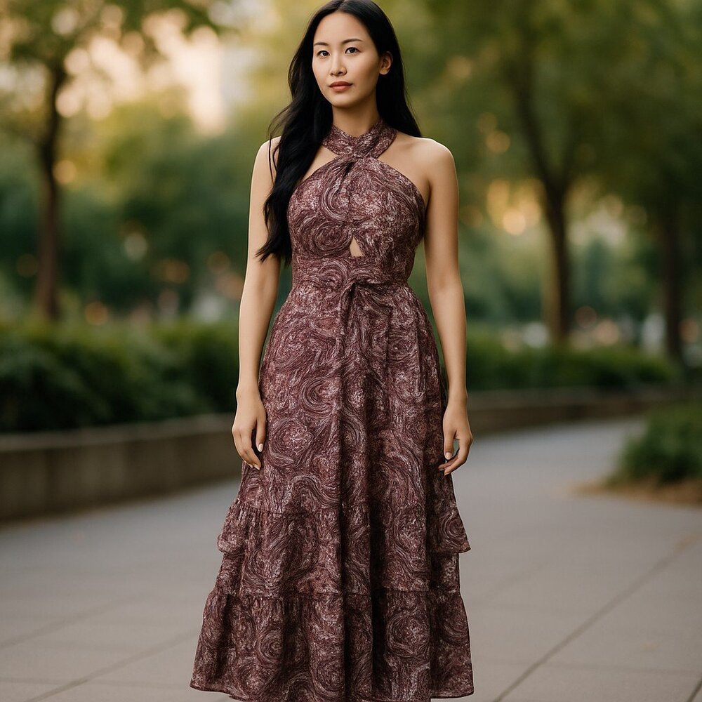 NWT  Outerknown $298 Bailey Maxi Dress Paisley Print Satin Fabric Purple Pink 4
